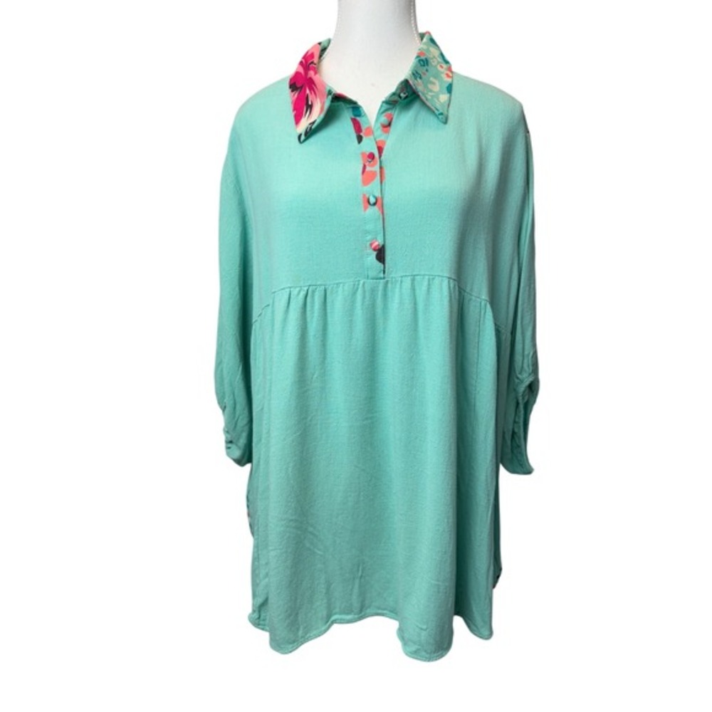 Umgee USA Large Teal Floral Animal Print Babydoll‎ Tunic Top Line Blend Flowy